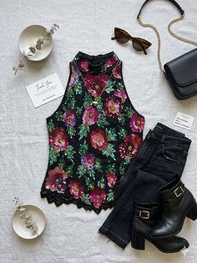 Laurence Kazer Silk Beaded Floral Top- Vintage Excellent Condition